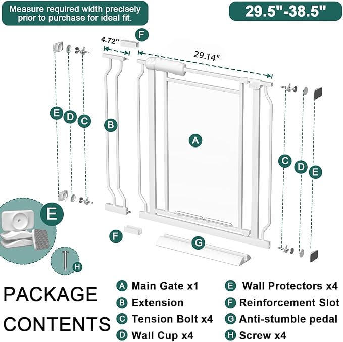 TSAYAWA Triple-Lock Acrylic Baby Gate 29.5"-38.5", Crystal Clear Transparent Pet Gate for Dogs, Heavy Duty Metal Gate for Doorways, Pressure Mount Child Safety Barrier, Auto Close, White