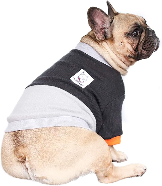 iChoue Pet Dog Crewneck Sweater Color Block Pullover Winter Warm Clothes for French Bulldog Pug Boston Terrier - Black and Grey/Large