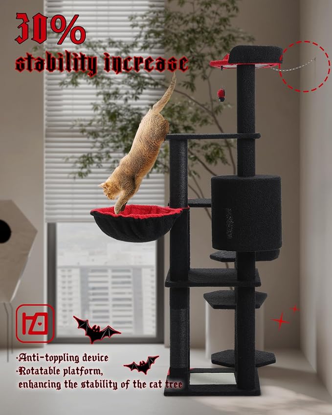 59" Gothic Cat Tree with Coffin Bed-Black Cat Tower for Indoor Cats with Spacious Cat Condo & Cozy Hammock, Spider Hanging Balls, Sisal Scratching Post and 2 Spooky Perches for Halloween