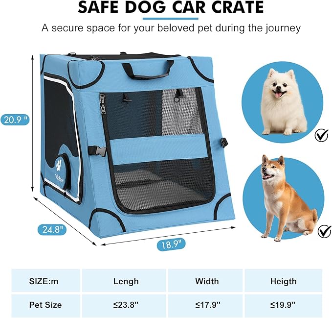 Snagle Paw Portable Dog Crate for Car Travel,Metal Frame Pet Crate,Pet Carrier for Car Back Seat Secures with Headrest Strap and Seatbelt,M