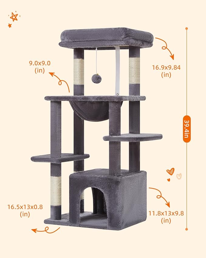 Taoqimiao Cat Tree,39.4-Inch Cat Tower for Indoor Cats,Suitable for Kittens with Luxurious cat condo with Soft Hammock and Luxurious Perch MS027G Smoky Gray