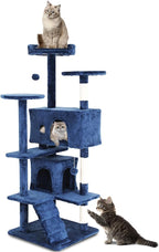 Cat Trees Towers for Large Cats, Cat Houses & Condos with Scratching Posts, Cat Bed Cave, Climbing Ladder, Pompoms, 54", Navy Blue