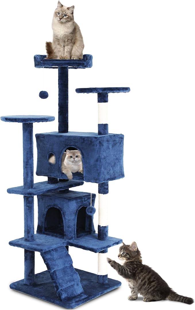 Cat Trees Towers for Large Cats, Cat Houses & Condos with Scratching Posts, Cat Bed Cave, Climbing Ladder, Pompoms, 54", Navy Blue