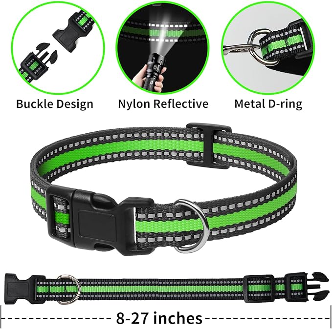 PetJoy 3-Pack Dog Collar - Quick-Release Buckle & D-Rings - Reflective Multi-Color (R/Y/G) - Adjustable 8-27" for Most E-Collars - Durable Waterproof Nylon