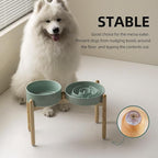 3.2 Cup Ceramic Raised Slow Feeder Dog Bowl Set, Elevated 8.2inch Bowl and 9.5inch Puzzle Slow Food Dish with Wooden Stand for Large Dog, Anti-Gulping (2 x Light Green+ Stand)