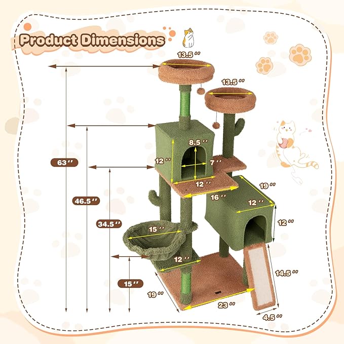 Tangkula Cactus Cat Tree, 63 Inch Tall Cat Tower with Sisal Scratching Posts, 2 Perches, 2 Cat Condos, Hammock, 2 Balls, Ramp, Washable Cushions, Green Cute Cat Tree Tower for Indoor Cats