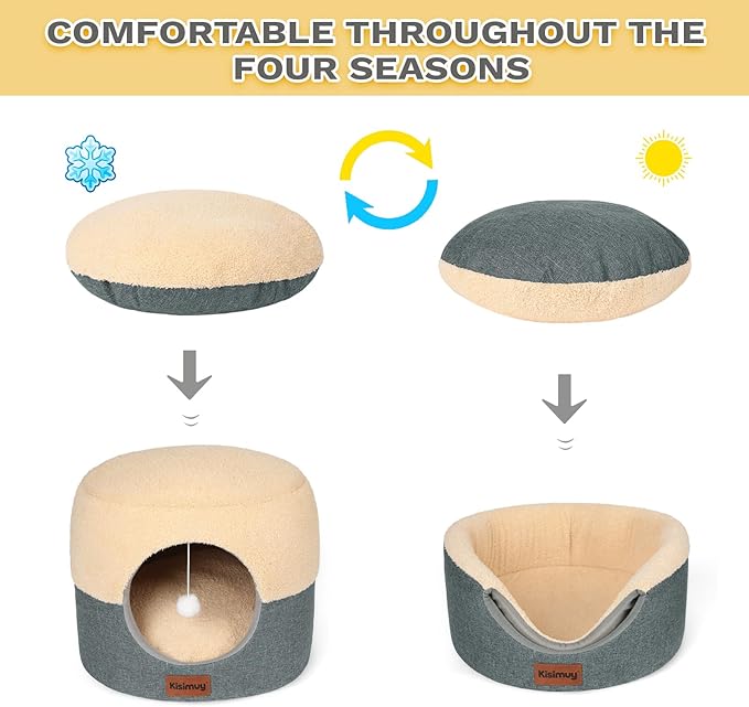 Cat Cave Bed, 2-in-1 Cat House & Lounge with Reversible Plush Cushion, Calming Anti-Anxiety Round Design for Indoor Cats, Kittens, Small Dogs & Puppies, Foldable Round Hideaway, 17.5 Inches