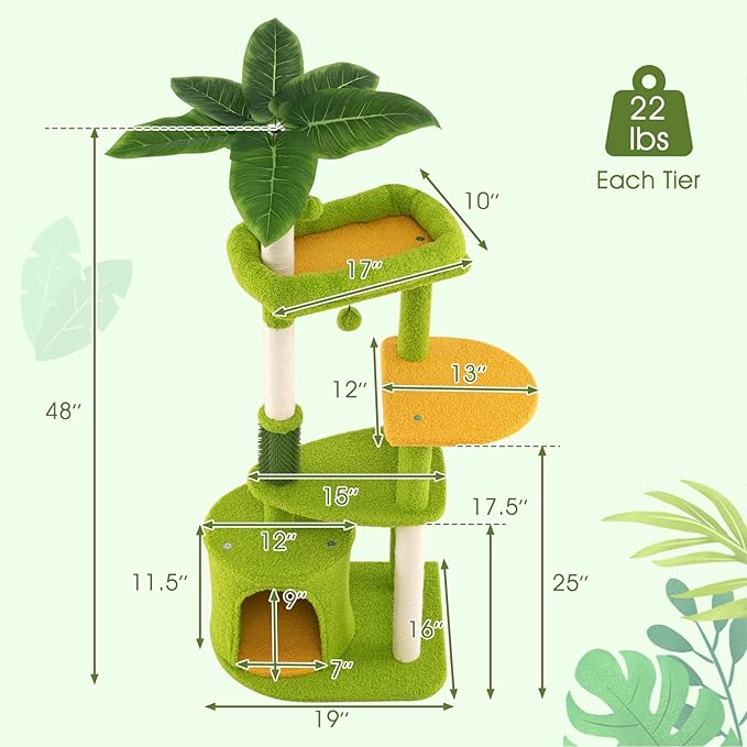 Tangkula Palm Cute Cat Tree, Cat Tower with Sisal Scratching Posts, Padded Top Perch, Condo, Self Groomer, Jumping Platforms & Dangling Balls, Unique Cat Tree Tower with Green Leaves for Indoor Cats
