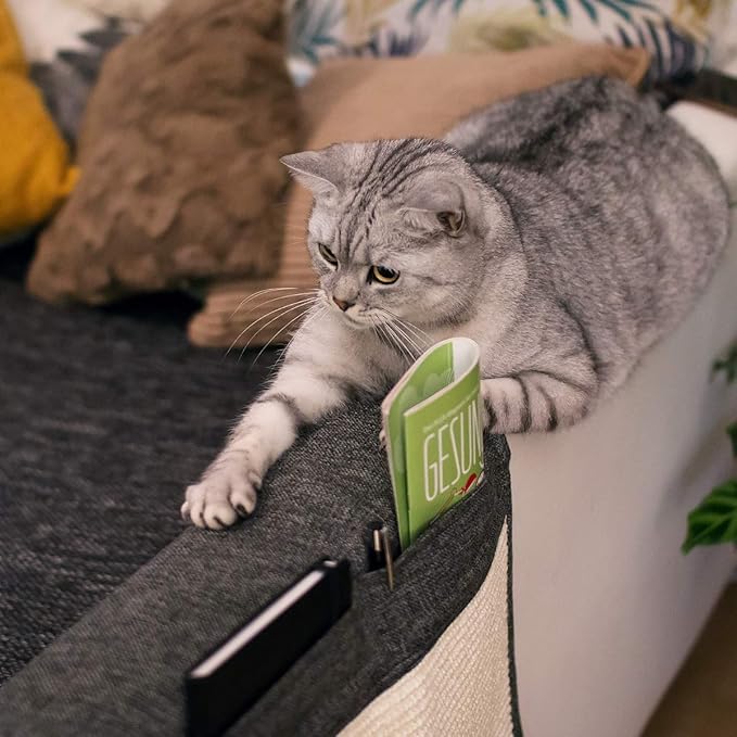 Navaris Cat Scratch Armrest Organizer - Sisal Furniture Protector Scratching Pad for Cats - Scratcher Mat Cover for Sofa Couch Armchair - Dark Gray