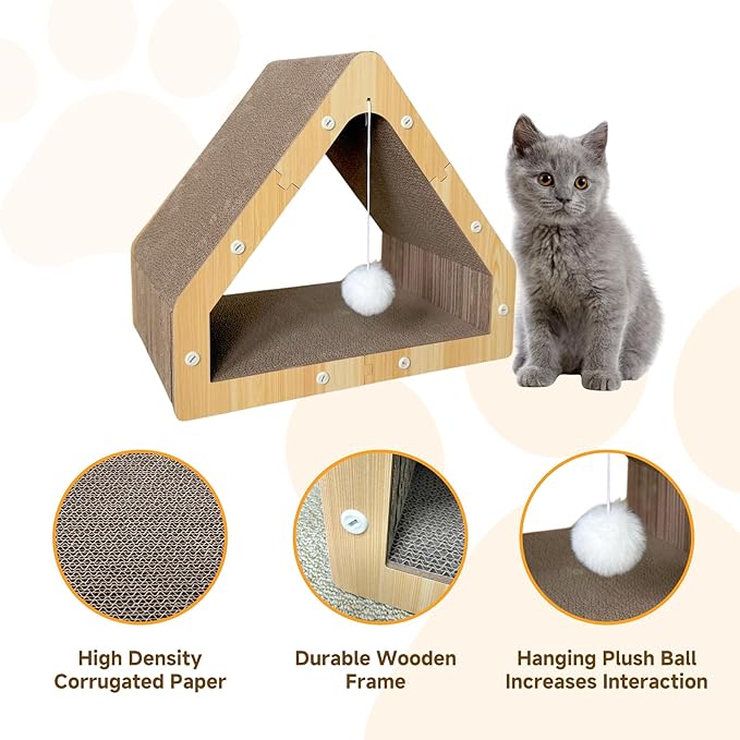 Cat Scratcher House with Hanging Ball - Cozy Corrugated Cardboard Cat Scratching Pad for Indoor Cats/Kittens, Stable Structure & Eco-Friendly