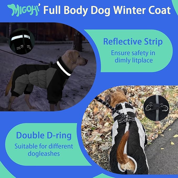 MIGOHI Full Body Dog Coat - Warm Reflective Large Dog Winter Coat with Harness,Turtleneck Fleece Jacket for Dogs,Four-Leg Windproof Puffer Jackets Snowsuit with Zipper for Small Medium Large Dogs,3XL