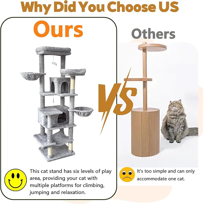 Anwick 68" Tall Cat Tree Tower with Scratching Posts, Cat House with Hammocks, Cat Condos for Indoor Cats, Removable Cushions, Multi-Level Cat Playground (Gray)
