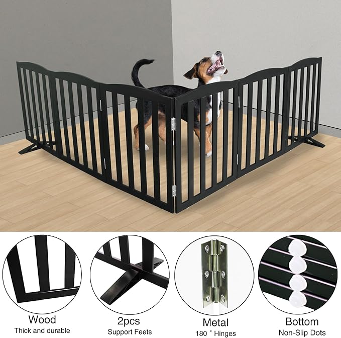 Freestanding Dog Gate Indoor,Doggie Gate Foldable Pet Gates for Doorways,Stairs or Hallways, Wooden Black Pet Gate for the House, Pet Fence with Support Feet Included,32 "Height-6 Panels