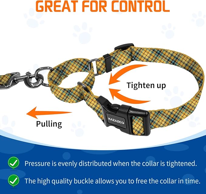 Kazazoo Martingale Collar for Dogs with Quick Release Buckle Adjustable Soft Durable Dog Collar for Small Medium Large No Pull Training Dog Collars-Yellow&Blue Plaid S