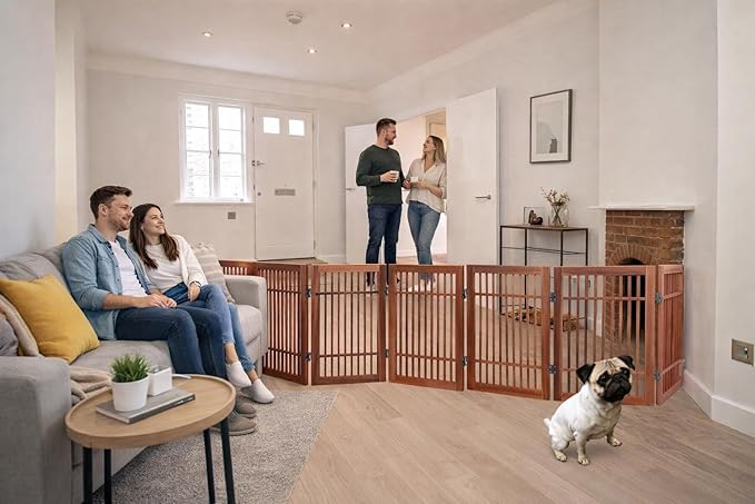 Urnporium Pet Dog Gate Freestanding, Strong Durable Folding Wooden Fence, Portable Acacia Hardwood Safety Barrier for Indoor & Outdoor Use (Brown Pet Gate, 8 Panel 24" Tall)
