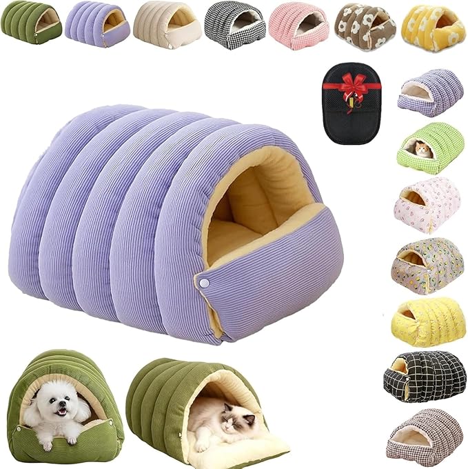 Removable and Washable Winter Closed-Off Cat Bed, Cutypet Winter Cave, Warm Foldable Secure Pet Nest for Indoor Cats & Small Dogs, Comfor Plush Snuggle Hut for Kitty, Puppy, Pets (Corduroy-Purple,L)