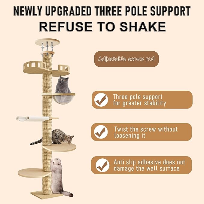 Floor to Ceiling Cat Tree, Height Adjustable Cat Tower with 6 Tiers and Hemp Rope Scratching Posts, Stable Multi-Level Activity Center, Perfect for Indoor Cats and Large Breeds Brown