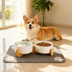 Dog Bowls Set with Wood Stand & Mat Waterproof, 1.5 Cups Ceramic Dog Bowls Elevated for Small Dogs, Dual Food and Water Bowls with Weighted Non-Slip Base 13.5 OZ