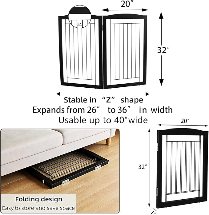 Dog Fence Indoor,Dog Gate Indoor for Doorway pet gate -2-Panel Freestanding, Hallways, House or Stairs -40x32-Inch Retractable Foldable Expandable Wood Pet by SFJC (Black) ﻿