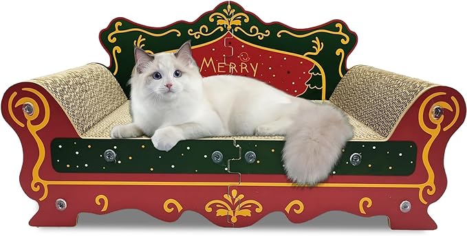 Luxury Cardboard Cat Scratcher Sofa Bed, Couch Shaped Scratching Board, Scratch Lounge with Catnip, Scratcher for Indoor Cats Large (Red)
