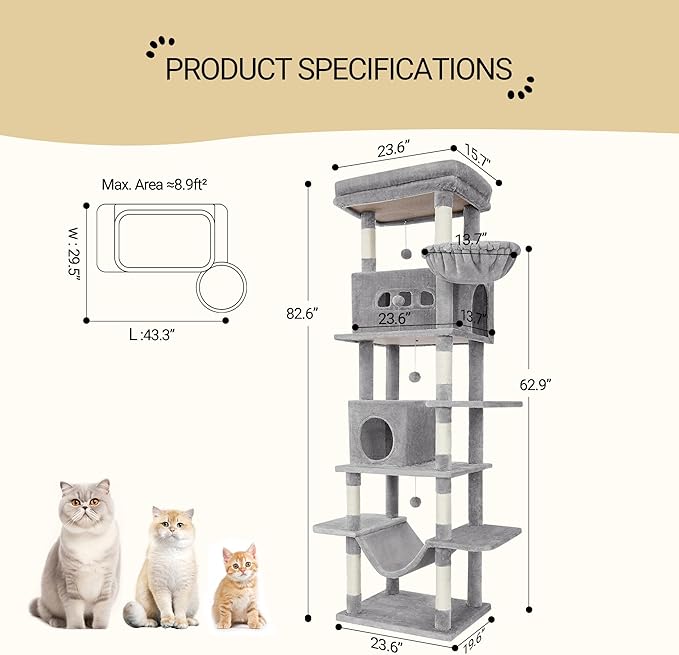 Cat Tree,82.6" Large Cat Tower for Indoor Cats, Multi-Level Cat House with Condo, 8 Scratching Posts, Hammock, 4 Pom Poms, Light Grey MS21018LG