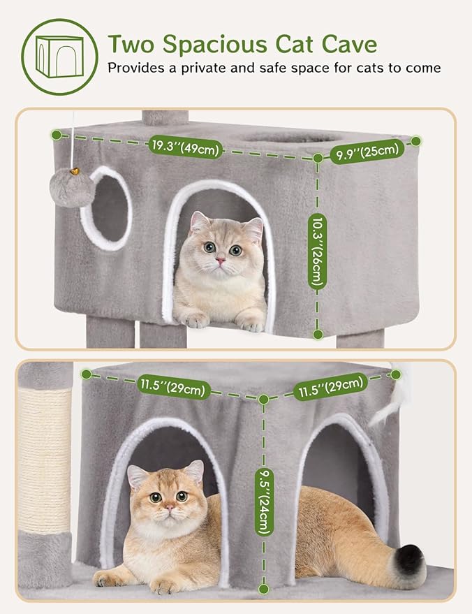 Cat Tree Tower 60inch - Multi-Level Indoor Activity Center with Sisal Scratching Posts, Condo, Plush Perch & Hanging Toys for Large Cats (Light Gray)