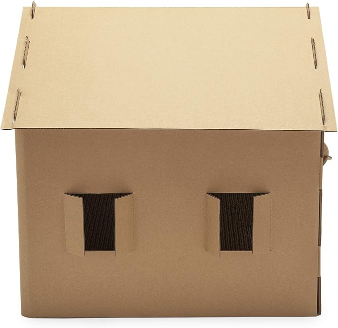 Furhaven Cardboard Cat House Gingerbread House, Cat Hideout Scratcher with Detachable Hanging Toys