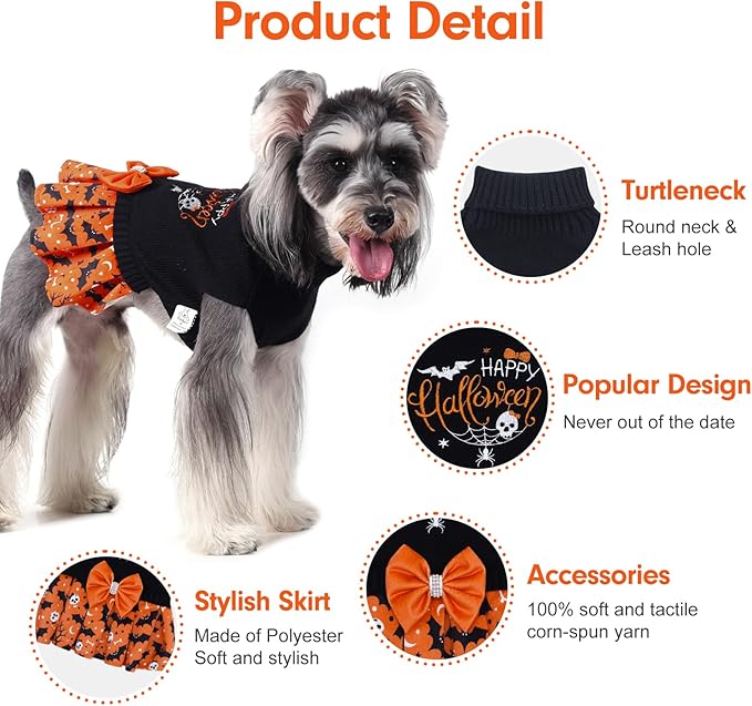 CuteBone Halloween Dog Sweater Dress for Medium Dogs Girl, Happy Halloween Embroidery Turtleneck Small Dog Sweater with Bowtie, Pet Clothing for Chihuahua Yorkie Teacup DS107S
