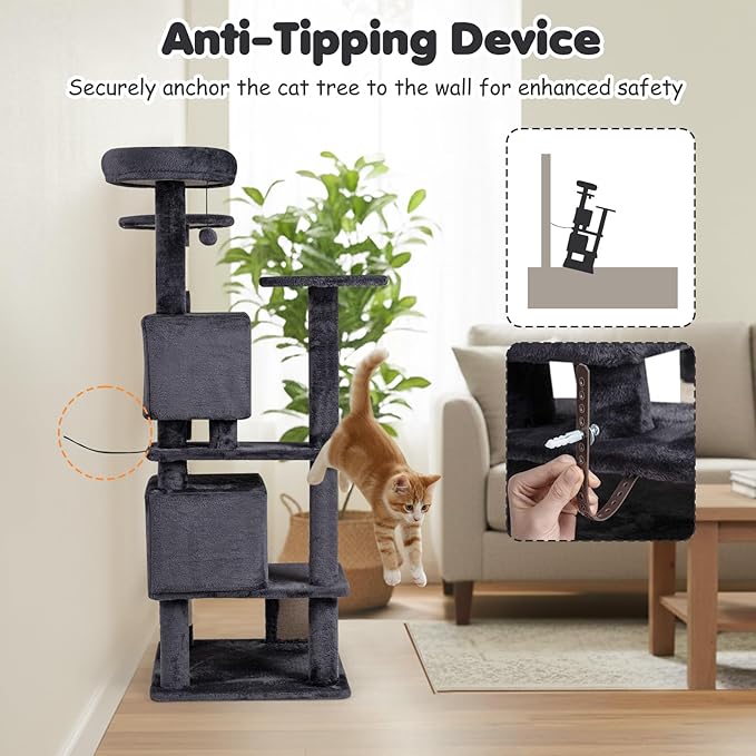 Tangkula Cat Tree Tower, 52 Inch Multi-Level Cat Tower with Sisal Scratching Posts, Cushioned Top Perch, Large Dual Condos & Ladder, 2 Hanging Balls, Jumping Platforms for Indoor Cats (Dark Gray)