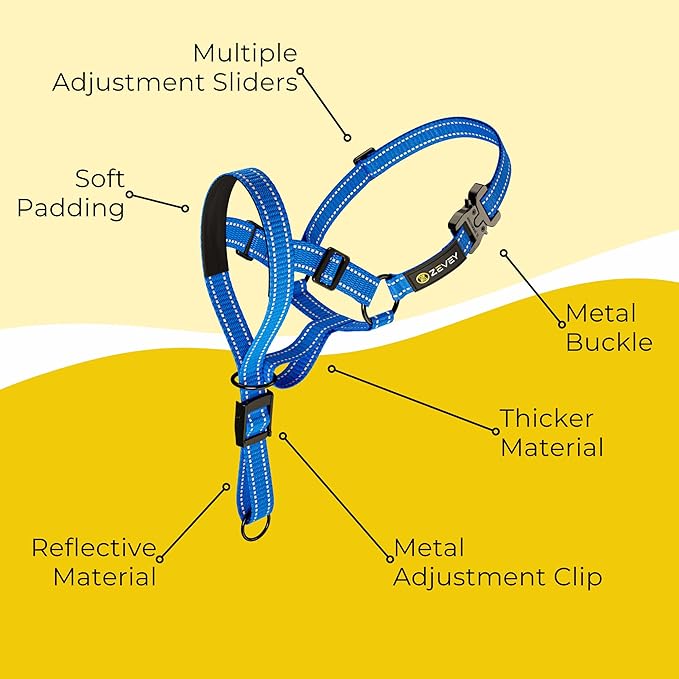 Dog Headcollar with Leash and Safety Strap Stops Heavy Pulling On The Leash Padded Reflective Head Halter for Small Medium Large Dogs Adjustable Head Harness for Training and Walking, (M, Blue)