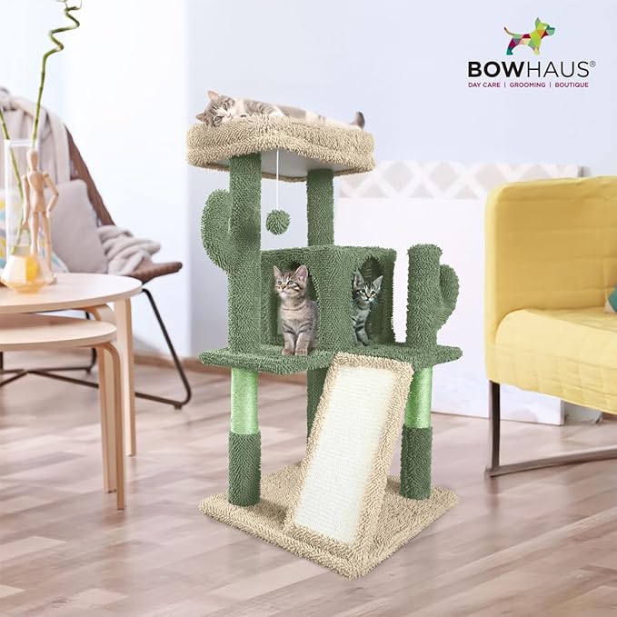 Cactus Cat Tower, 37-Inch Multi-Level Cat Activity Tree with Scratching Posts, Ramp & 2-Door Cat Cave Condo