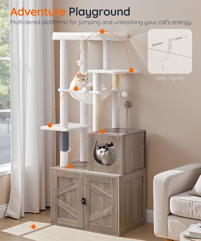 HOOBRO Cat Tree with Litter Box Enclosure, Tall Cat Tower for Indoor Cats, All-in-One Modern Cat Condo, Hidden Litter Box Enclosure Furniture, with Cat House, Sisal Posts, Greige and White BG51MZ03