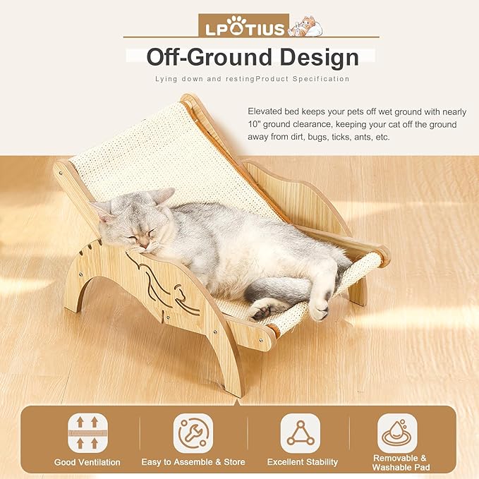 Cat Hammock Beach Chair with Sisal Scratcher, Elevated Adjustable Cozy Cat Lounger Wooden Sisal Chair
