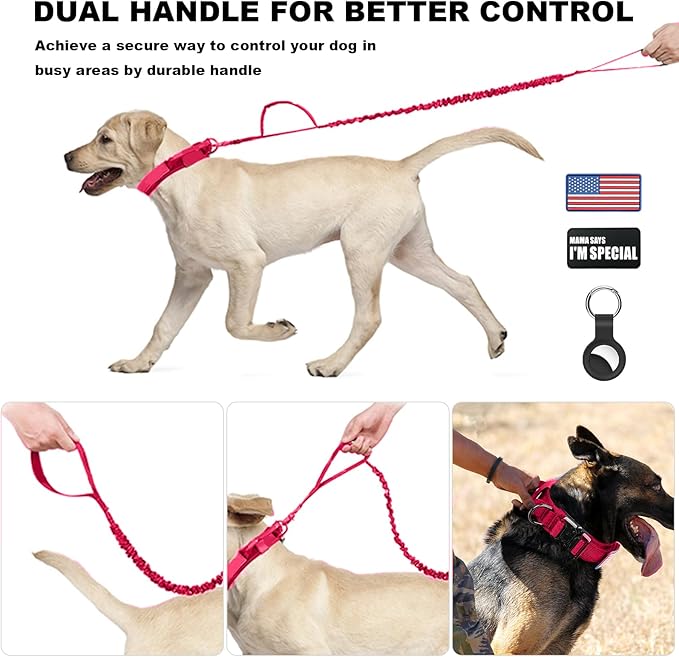Tactical Dog Collar and Bungee Leash,Military Dog Collar & Leash Set with USA American Flag Adjustable K9 Collar with Heavy Duty Metal Buckle & Handle,with Patches and Airtags Case (Pink, M)