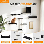 COZIWOW Cat Wall Shelves Set, 5-Piece Wall Mounted Cat Furniture with Cat Tree & Scratching Post, Floating Cat Perches for Indoor Cats（Black）