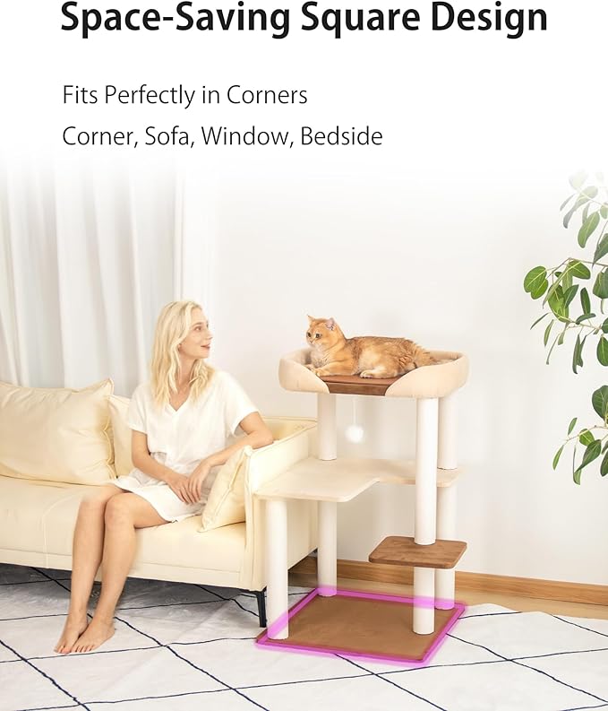Cat Tree for Large Cat, 37'' Tall Modern Senior Friendly Cat Tower with Wide Shelves Low Step, Cotton Scratching Posts, Super Sturdy Base, Cozy Perches, Interactive Toys（Brown）