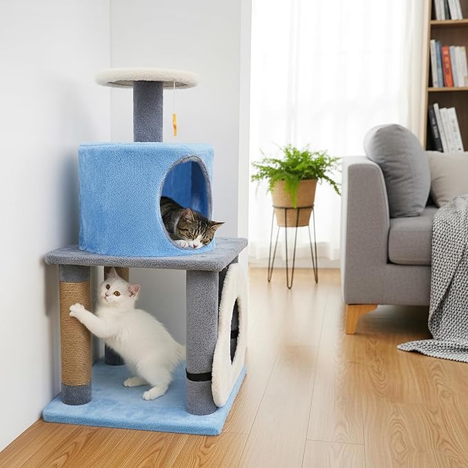Tangkula Cute Cat Tree, 31.5 Inch Multi-Level Cat Tower with Jute Scratching Posts, Condo, Top Perch, Hanging Toy, Moon & Star & Cloud-Shaped Accents for Indoor Cats (Blue)