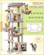 Taoqimiao 72 Inch Cat Tree, XXL Cat Tower for Indoor Cats Large Adult 25Lbs+, Extra-Large Platform, 2 Cat Houses, 7 Scratching Post, Extra-Sized Durable Hammock, Cozy Basket, Light Gray, F20W