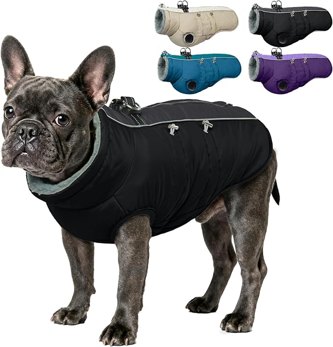 IDOMIK Warm Dog Coat with Harness, Waterproof Reflective Dog Jackets for Small Medium Large Dogs, Fleece High Collar Winter Jacket with Zipper, Pet Winter Snowsuit Clothes for Cold Weather,Black L
