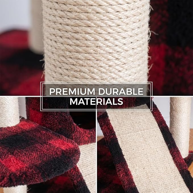 Multi-Level Cat Tree with Natural Sisal Scratching Posts, Plush Condo, Perches and Hanging Toy, Red Buffalo Plaid, 58" Height