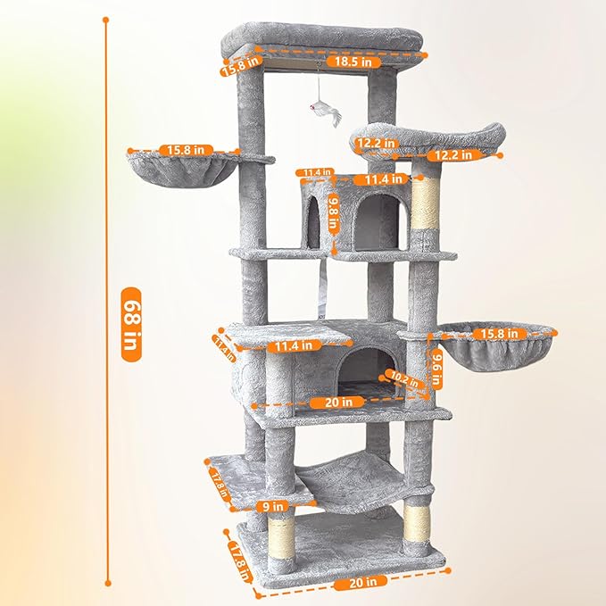 Anwick 68" Tall Cat Tree Tower with Scratching Posts, Cat House with Hammocks, Cat Condos for Indoor Cats, Removable Cushions, Multi-Level Cat Playground (Gray)