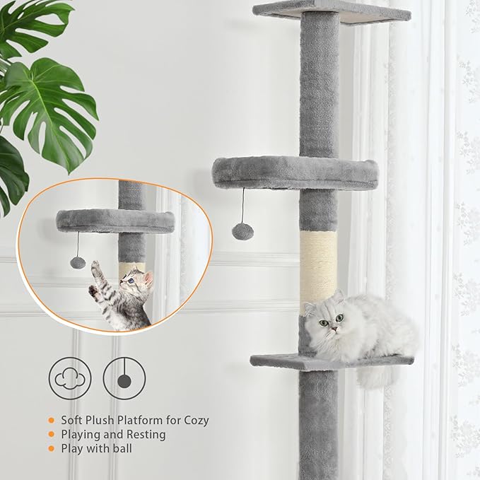 Floor to Ceiling Cat Tree, Cat Tower with Adjustable Height 98-110 Inches, 5 Tiers Tall Cat Tree Floor to Ceiling with Cozy Bed,Platforms, Sisal Scratching Posts for Cats, Soft Gray