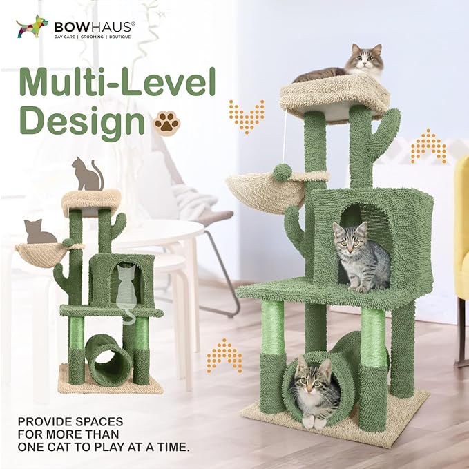Cactus Cat Tower for Indoor Cats, Cute 40-Inch Small Cactus Cat Tree w/Widened Perch for Large Cats & Kittens, Multi-Level Cat Activity Tree w/Scratching Post, Tunnel, Basket, Cat Cave Condo
