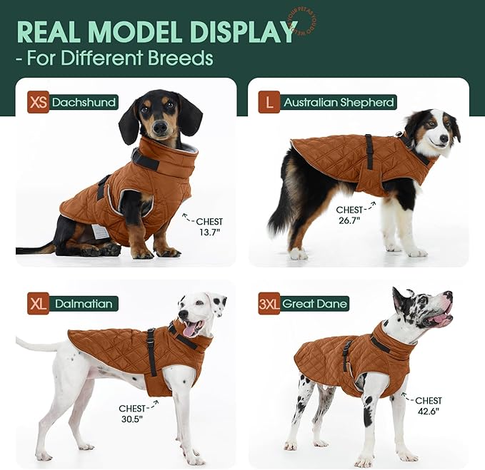 Kuoser Dog Coat Warm Fleece Lining Turtleneck Dog Jacket with Harness Built-in, Windproof Cold Weather Coats with Quick Release Buckle Pet Winter Snowsuit for Extra Large Dogs Great Dane, Khaki 3XL