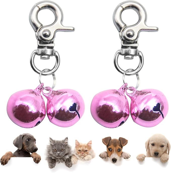SCENEREAL Bells for Dog Collars - 2 Pack Pet Hanging Ring Bell Accessories for Dog & Cat, Pet Pendant Collar Charm with Heavy Duty Snap Clips, Sliver Bells for Tracking and Training Christmas Gift, Pink+Pink