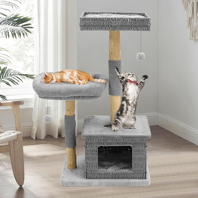 Modern Cat Tree for Indoor Cats - Multi-Level Wooden Tower with Scratching Posts, Large Jumping Platforms, Hanging Toy - Modern Luxury Cat Furniture for Indoor Cats-Grey