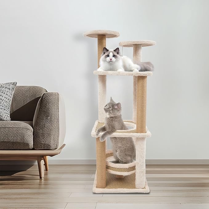 5-Tier Cat Tree, Modern Cat Tower with Rattan Mat & Enclosed Bed, Sturdy Freestanding Climbing Frame for Cats up to 16.53 lbs