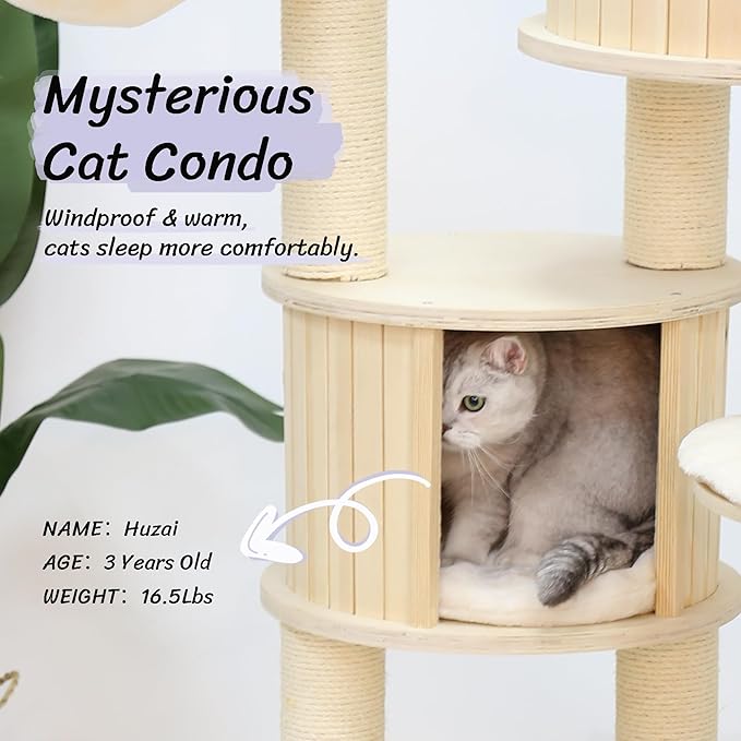 KAMABOKO 67” Tall Cat Tree, Extra Large Cat Tree - 8 Levels Wood Cat Tower Chewable w/Cat Condo, Hammocks & Hanging Basket for Large Cats