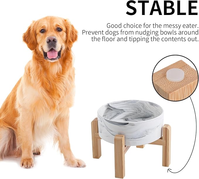 Elevated/Raised Dog Bowl Ceramic with Wood Stand for Small Medium Breed,Dog Food Water Dish Heavy, 6 in Non Slip Modern Cute Porcelain Pet Bowl Marble Grey