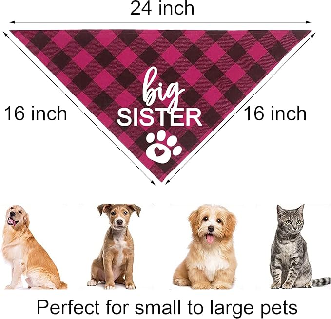 Big Sister Dog Bandana, Plaid Pregnancy Announcement Dog Bandanas for Dogs (Pink, Big Sister)